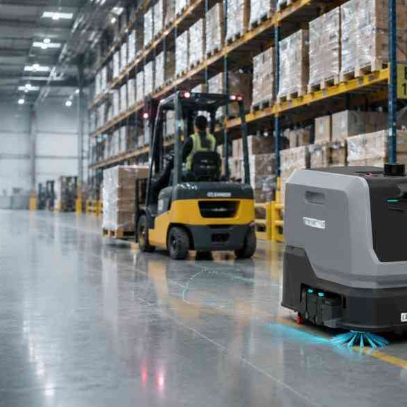 Autonomous cleaning robot safely operating near forklifts in a modern warehouse environment