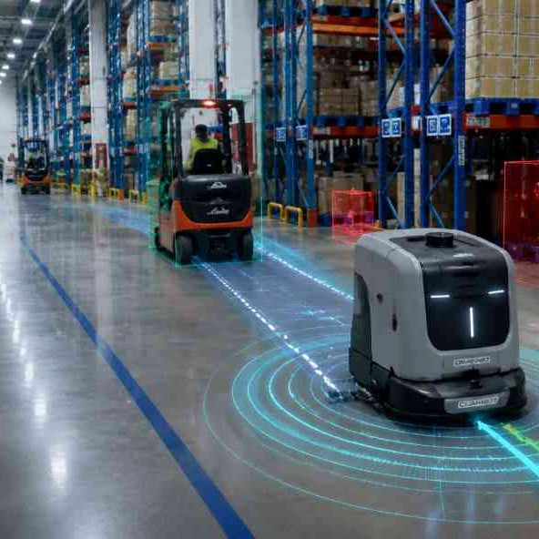 Industrial cleaning robot using obstacle avoidance navigation system in a busy warehouse environment
