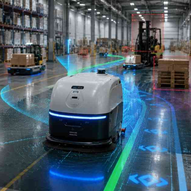 Autonomous cleaning robot using smart navigation technology inside a modern warehouse environment
