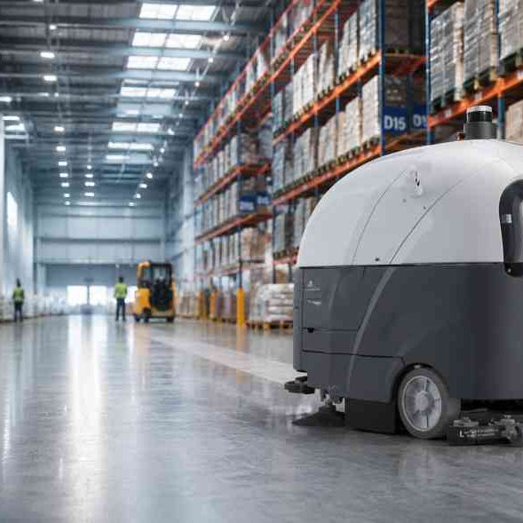 Autonomous warehouse cleaning robot performing floor maintenance in a modern logistics facility
